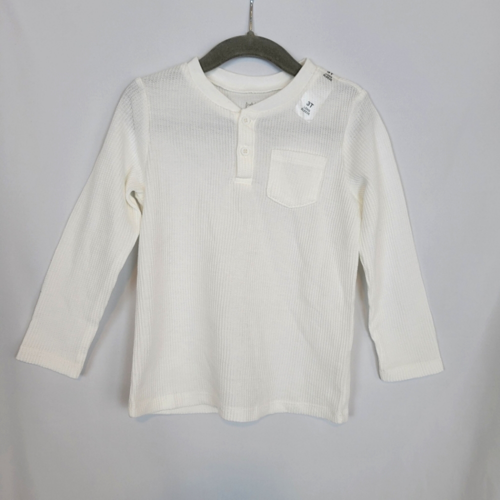 NEW - Boy's White Long-Sleeve Ribbed Henley Shirt in 3T
